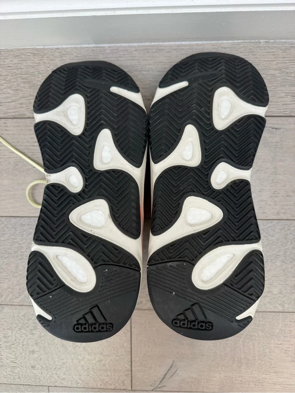 Adidas Yeezy Men’s Grey, Teal & Black Sneakers with Neon Orange Accents